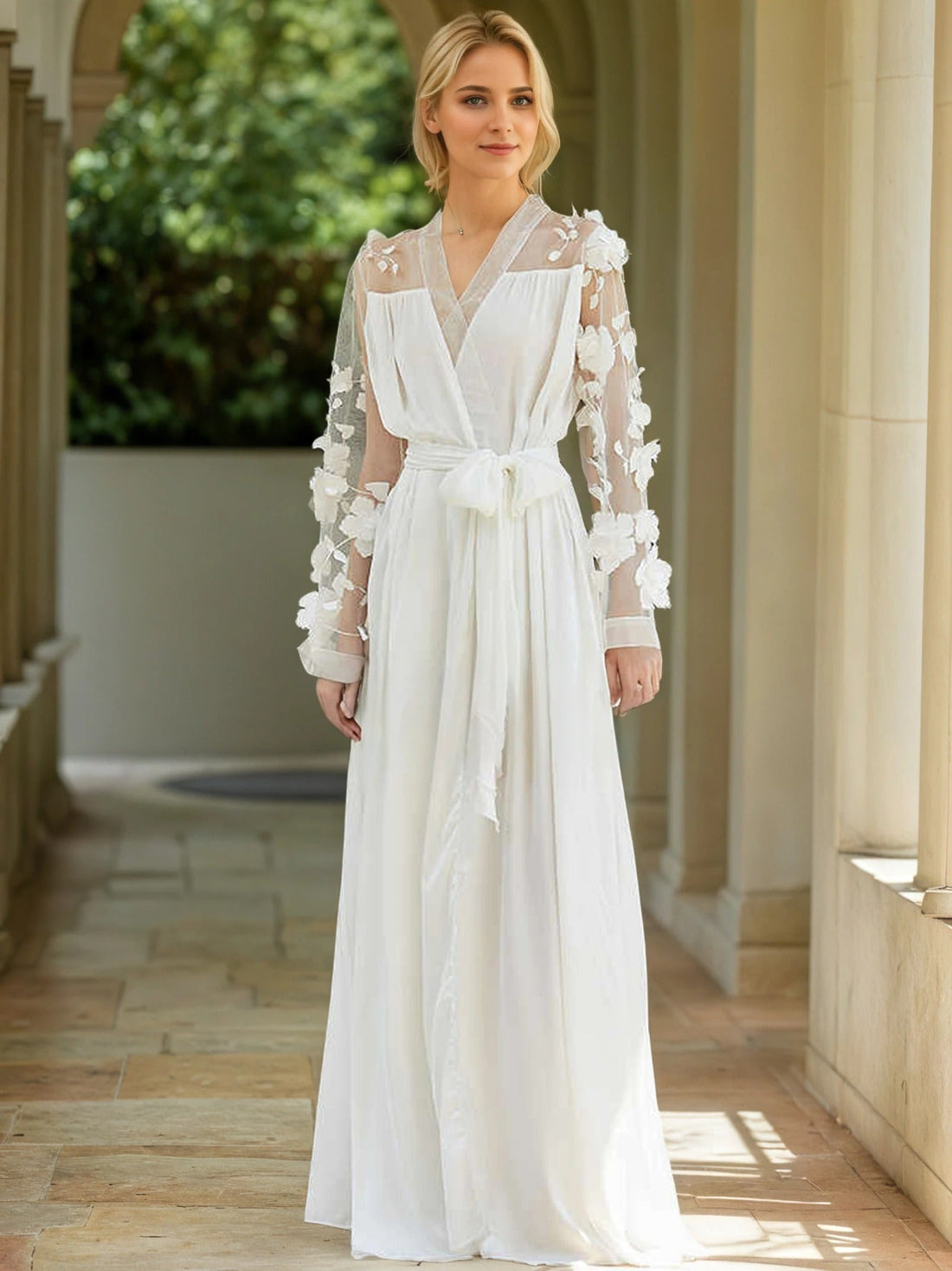 3D Floral Appliqué Sheer Sleeve Satin Robe – Wine Red or Ivory White — cover