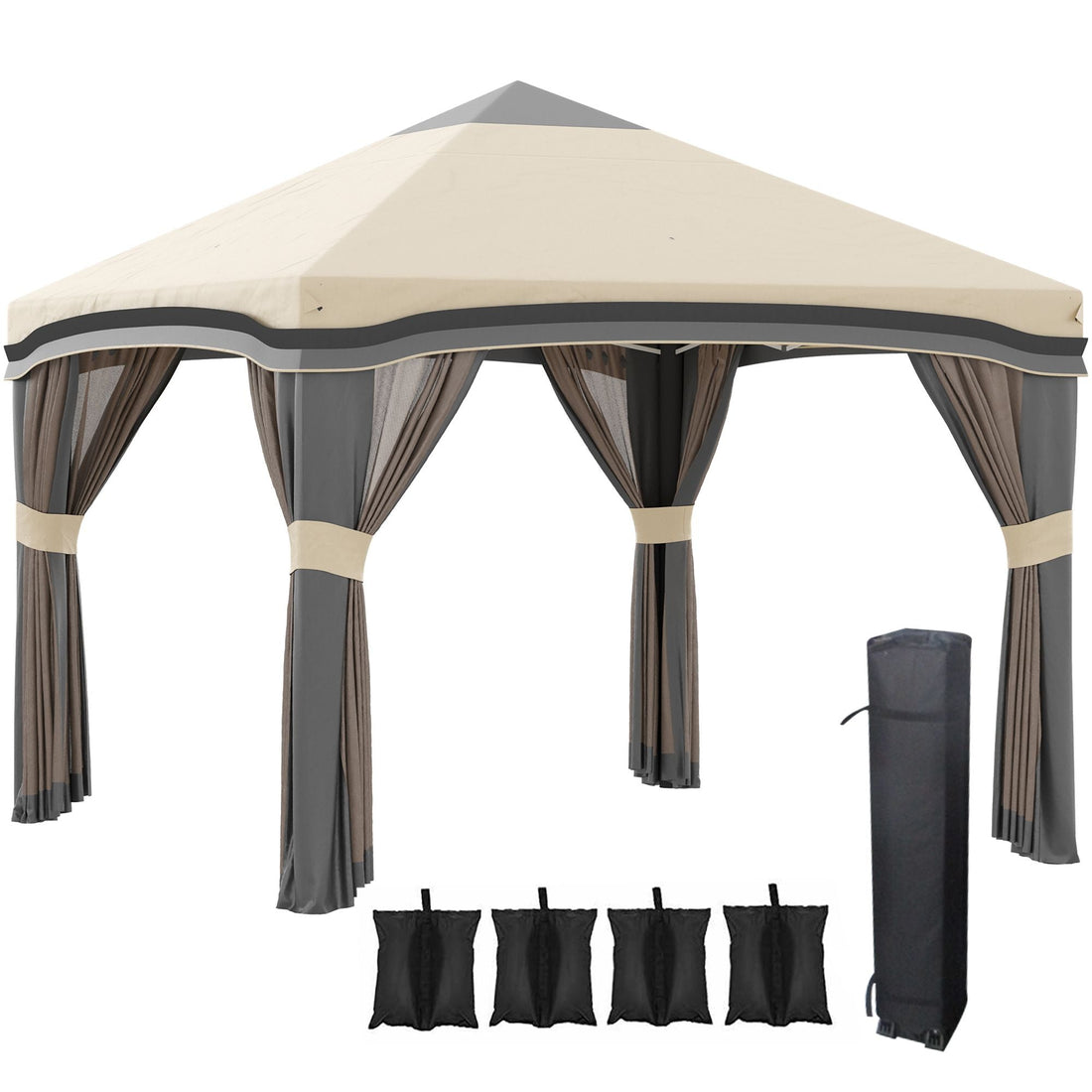 10x10 Pop Up Canopy, Netting, Foldable, Height Adjustable, Wheeled Carry Bag, 4 Sand Bags, Beige — cover