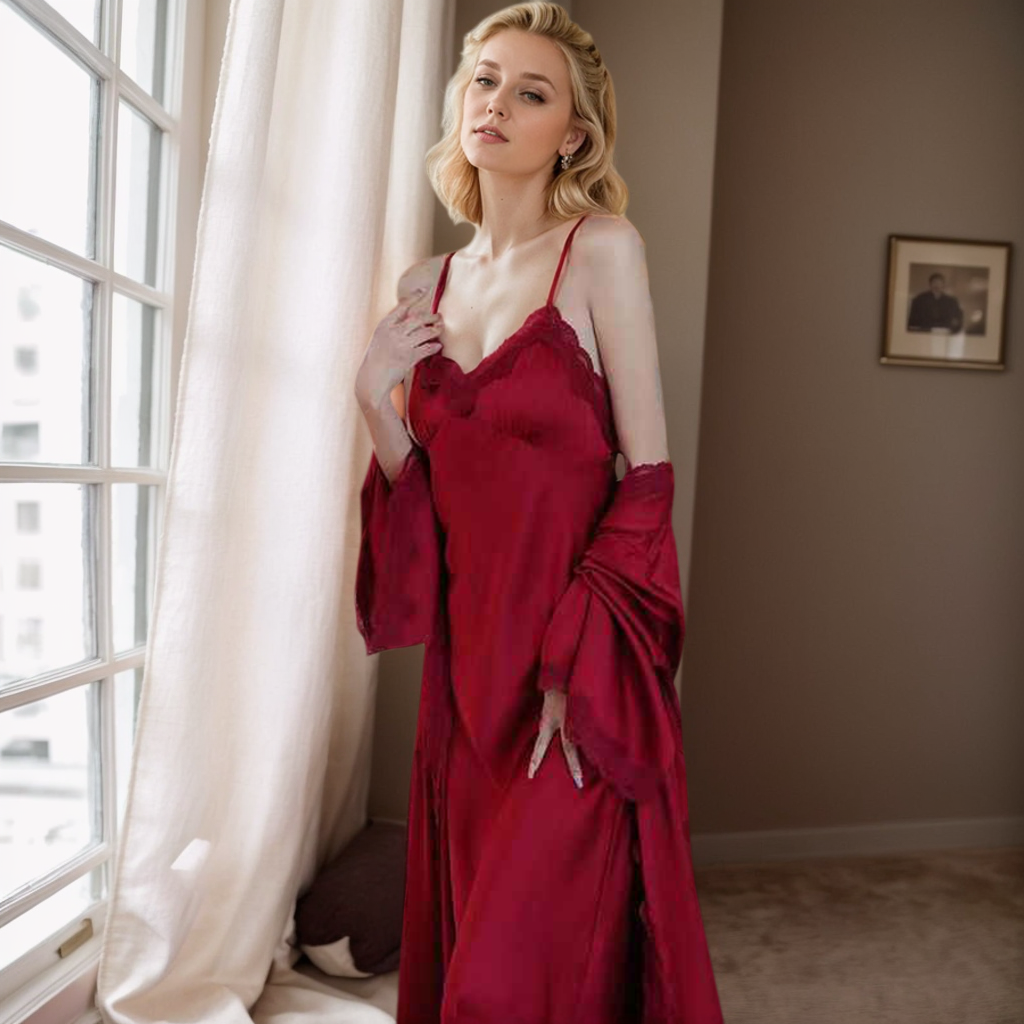 Luxury Satin & Lace Long Nightgown with Robe – Elegant Loungewear Set