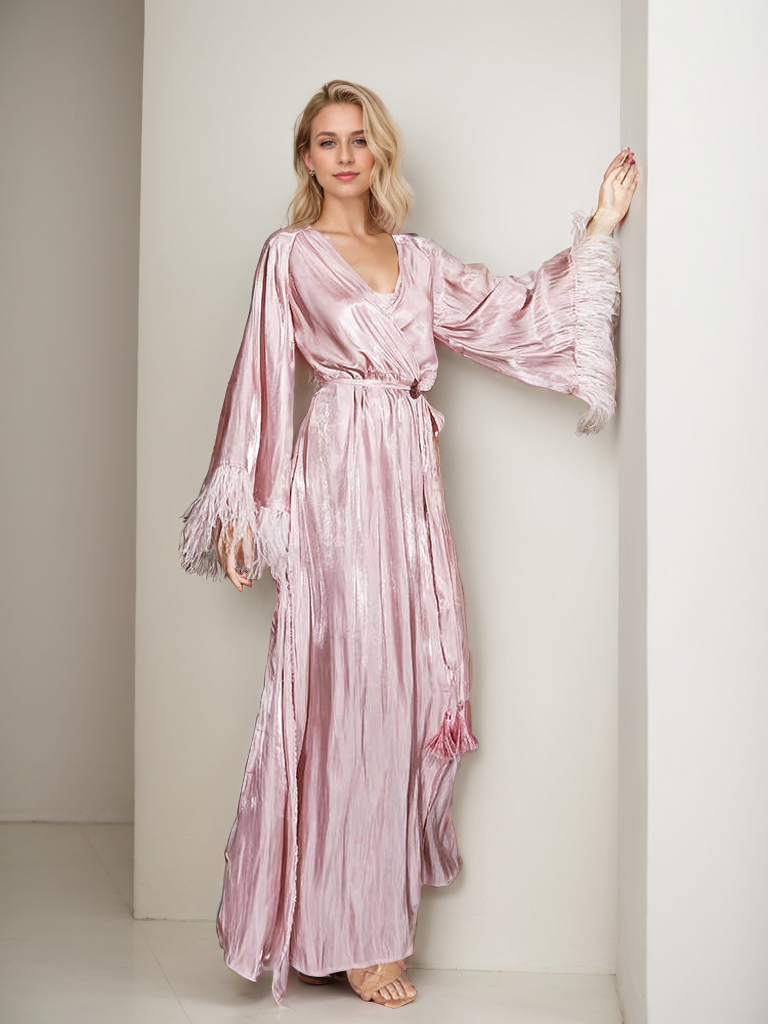 Luxury Feather-Trimmed Satin Robe – Elegant Full-Length Lounge & Bridal Wear
