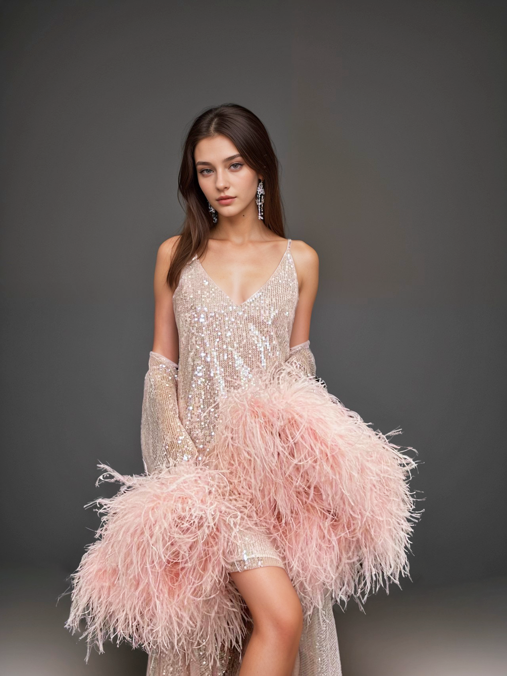 Ostrich Feather Sequin Mesh Long Robe Dress with Nightgown – Pink & Ivory