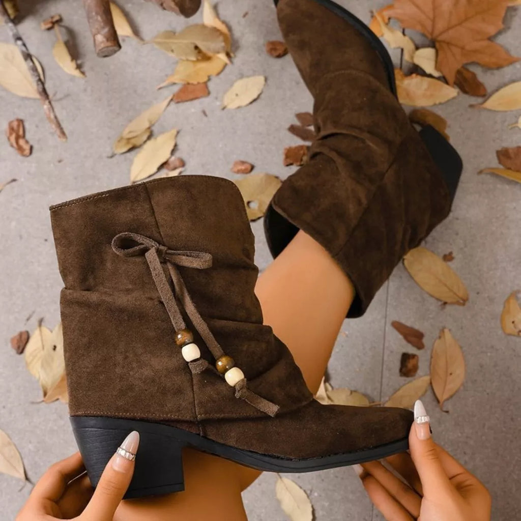 Suede Ankle Boots with Bow Accent