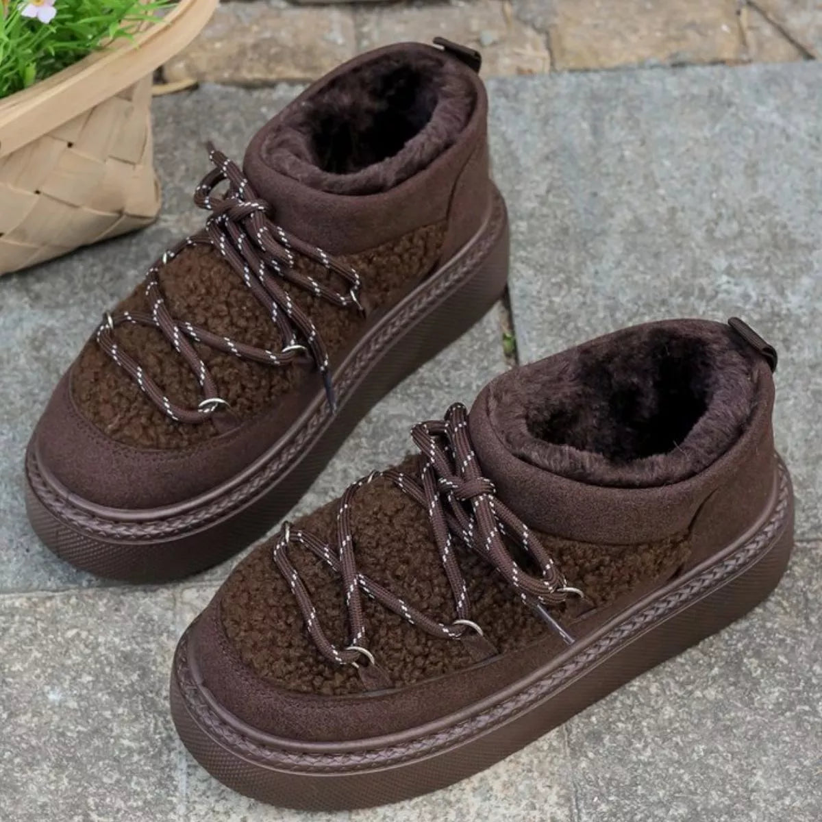 Cozy Plush Lined Lace-Up Platform Winter Boots