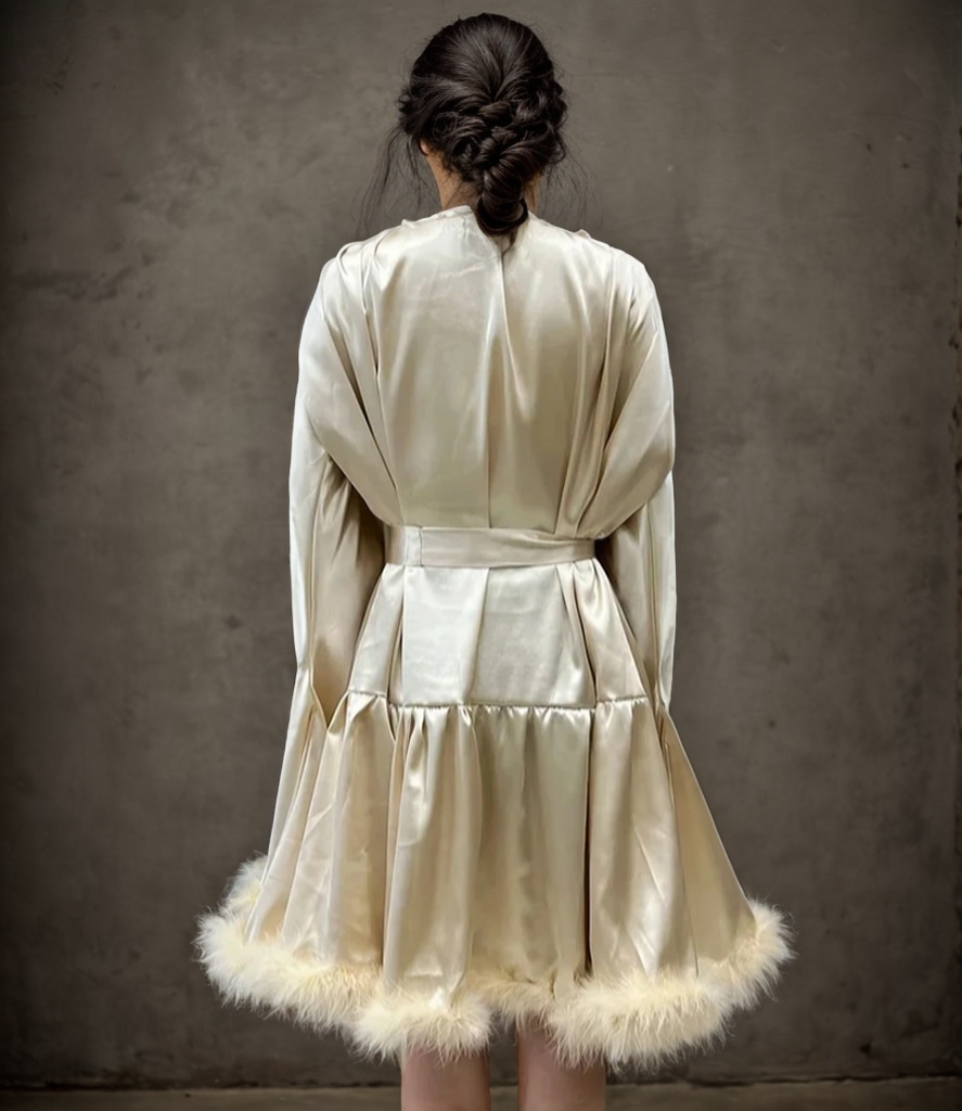 Short Satin Feather Robe – Holiday Photoshoot, Christmas Gift & Glam Party Outfit