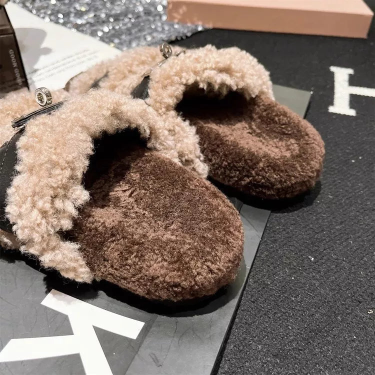 Fuzzy Buckle Accent Plush Slippers