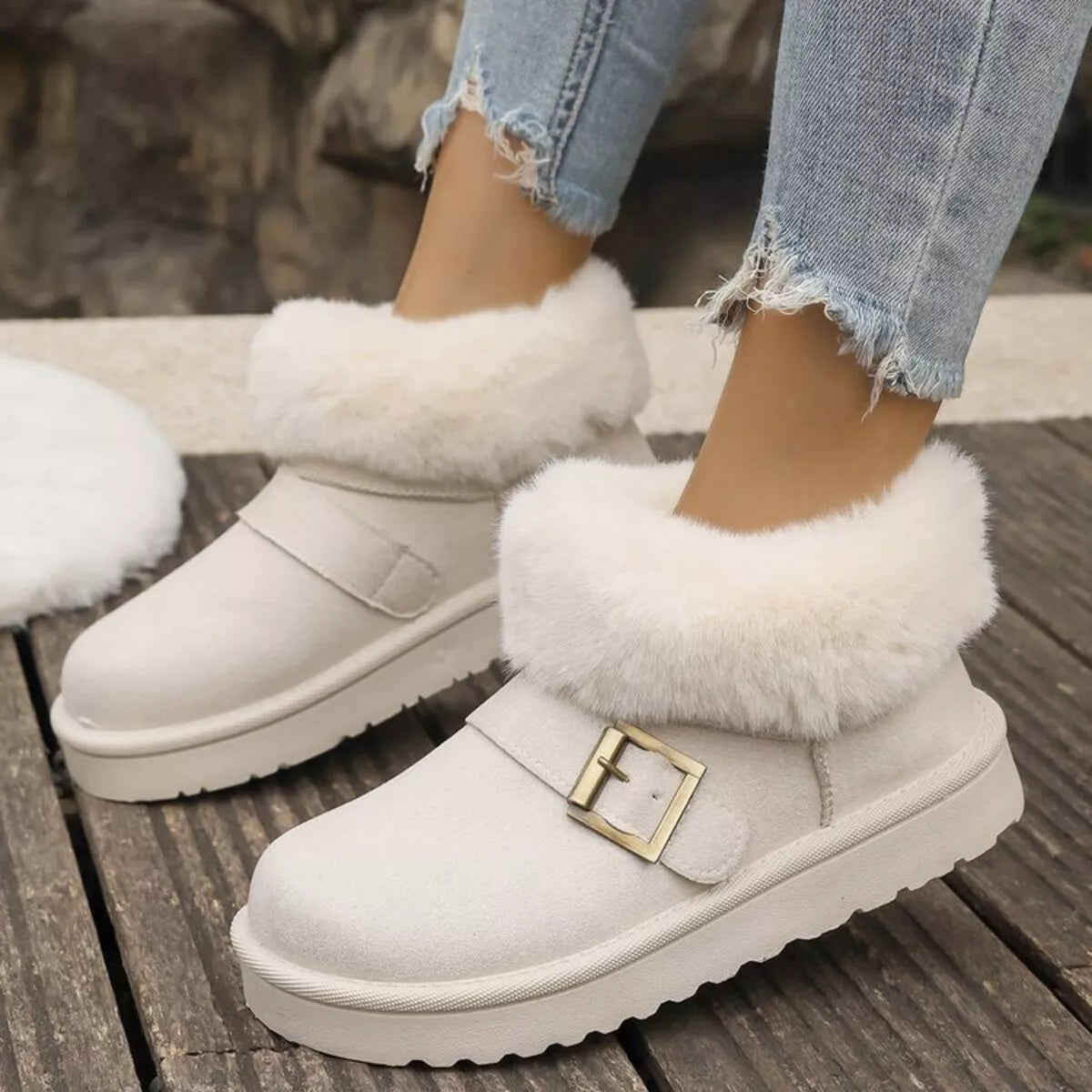 Fuzzy Trim Buckle Accent Winter Boots