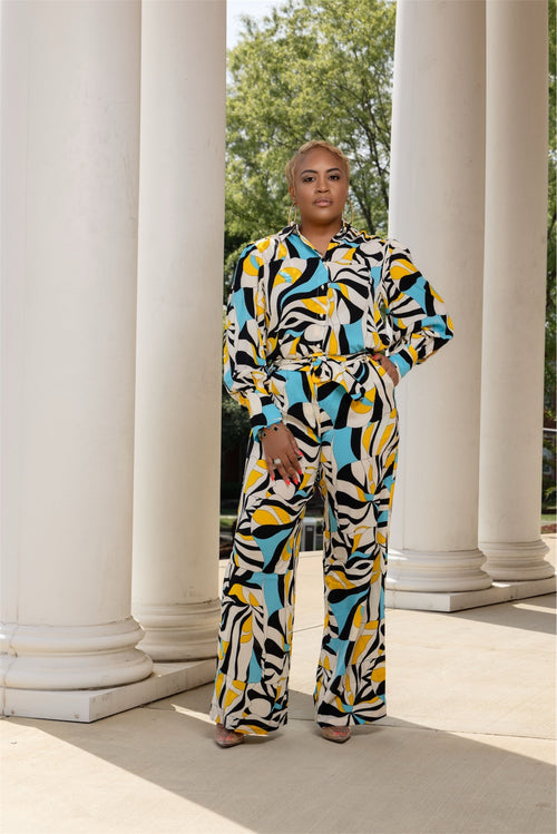 Blue, Yellow & Cream Abstract Pant & Blouse Set