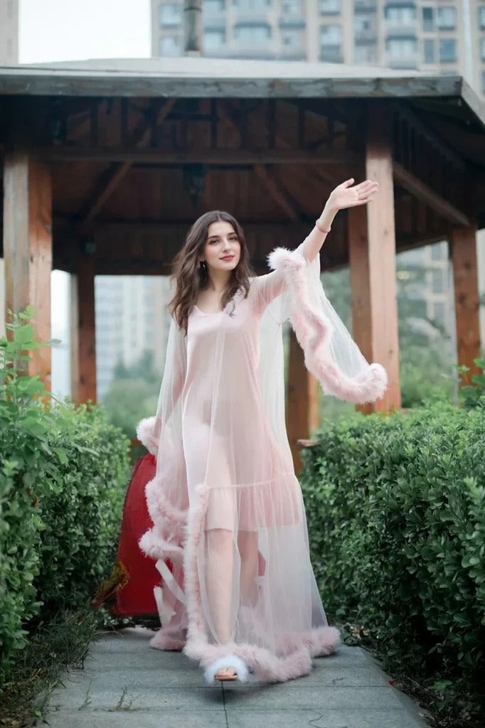 Elegant Turkey Feather Fringe Hem Long Tulle Robe with Nightgown