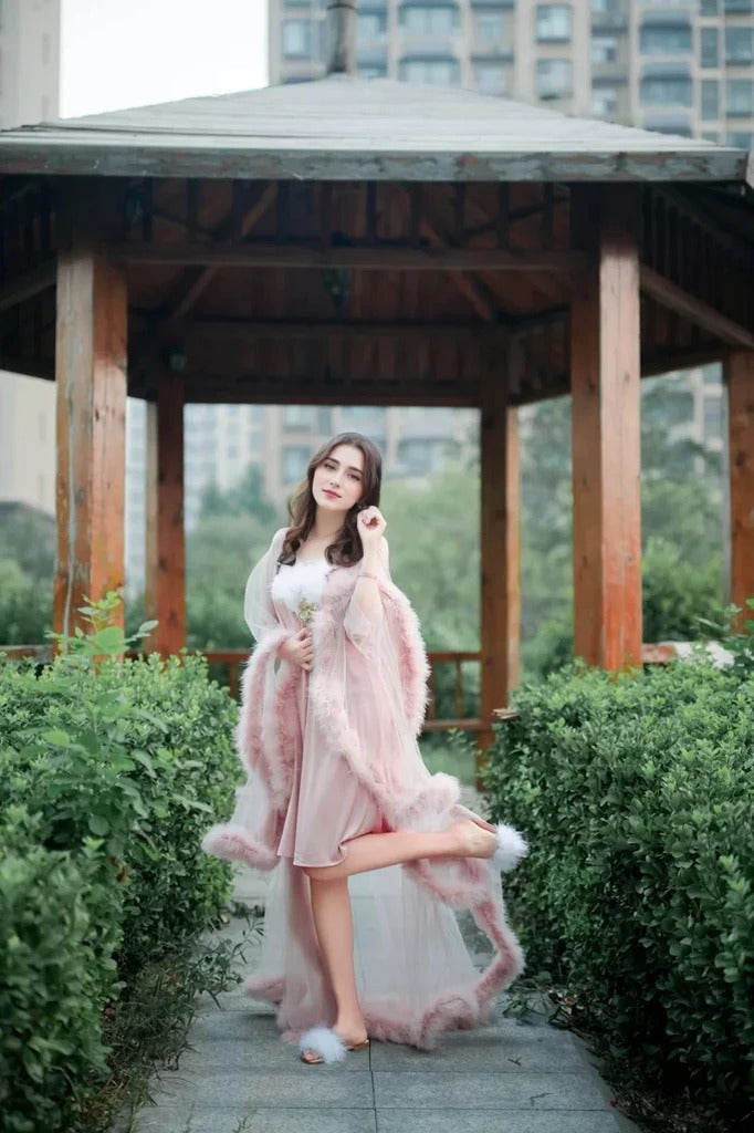 Elegant Turkey Feather Fringe Hem Long Tulle Robe with Nightgown