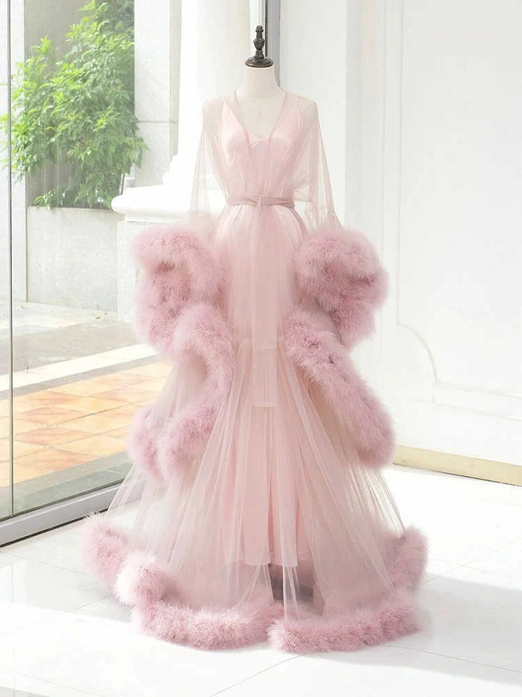 Elegant Turkey Feather Fringe Hem Long Tulle Robe with Nightgown
