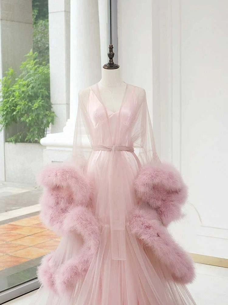 Elegant Turkey Feather Fringe Hem Long Tulle Robe with Nightgown