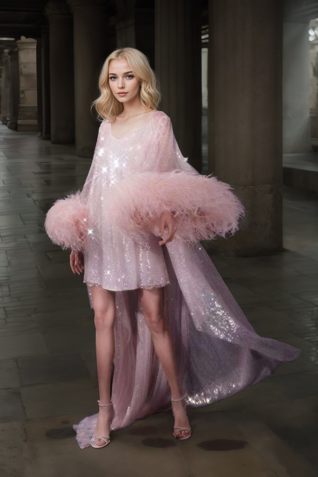 Ostrich Feather Sequin Mesh Long Robe Dress with Nightgown – Pink & Ivory