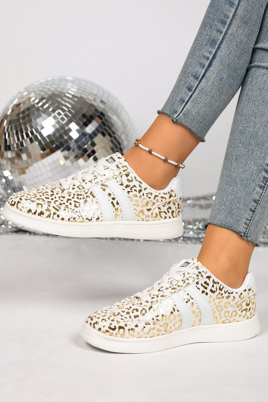 White Leopard Print Lace-Up Casual Shoes