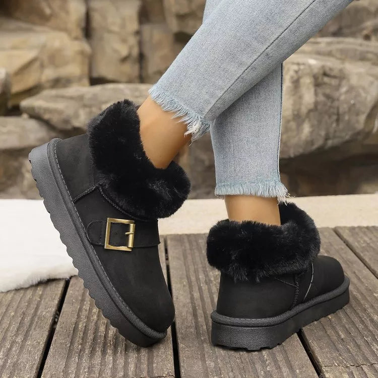 Fuzzy Trim Buckle Accent Winter Boots
