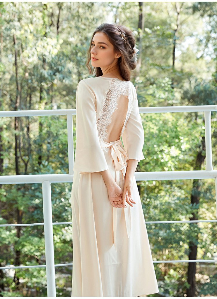 Elegant Lace Keyhole Open Back Soft Satin Robe with Slit – 4 Colors