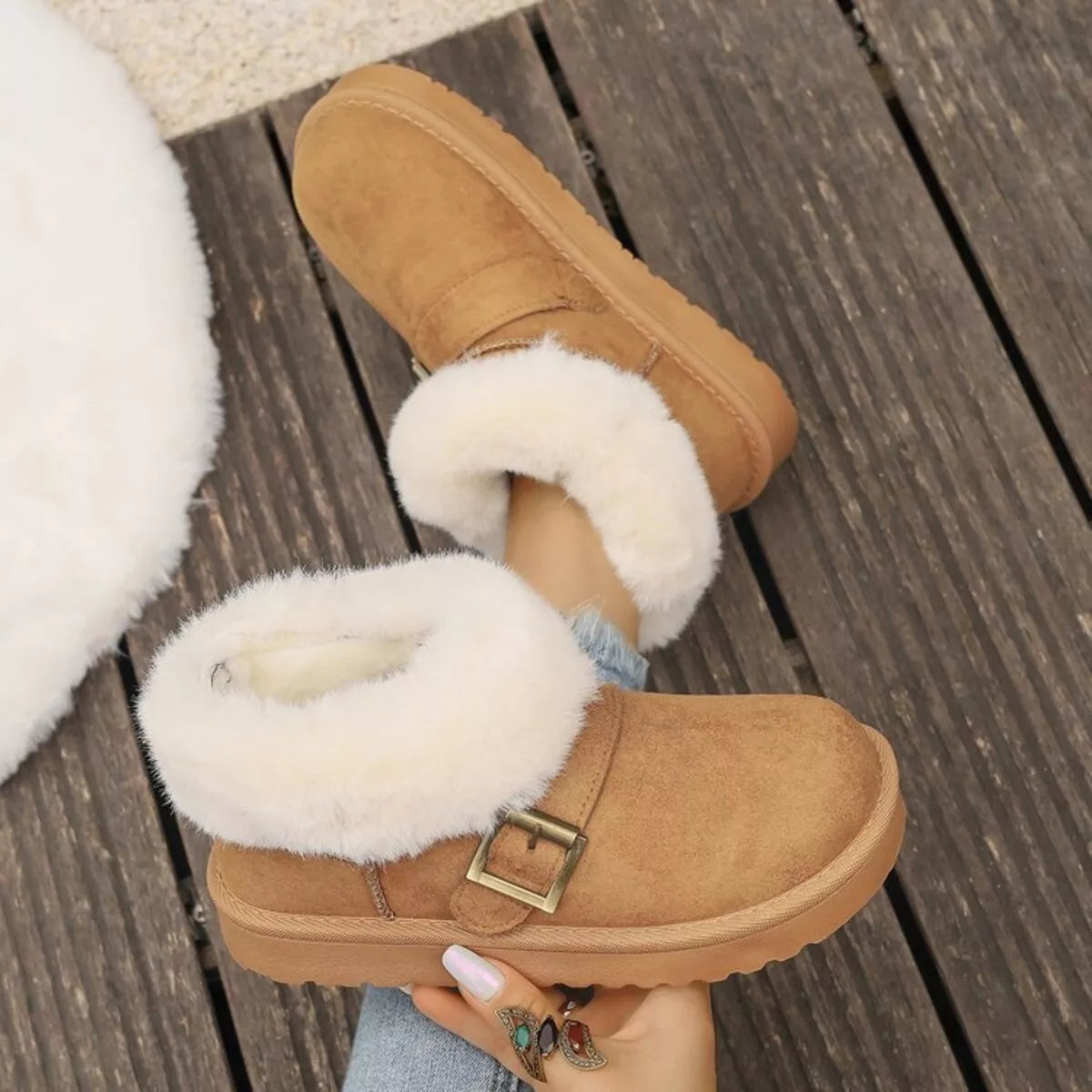 Fuzzy Trim Buckle Accent Winter Boots