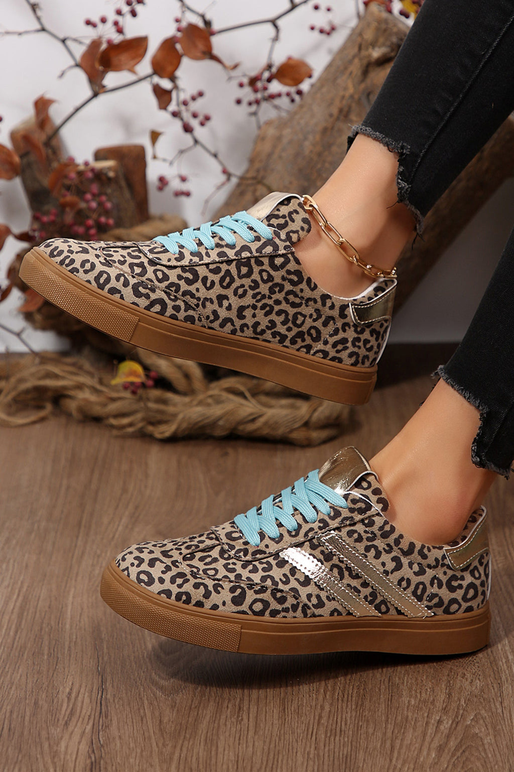 Coffee Leopard Print Faux Suede Lace-Up Sneakers