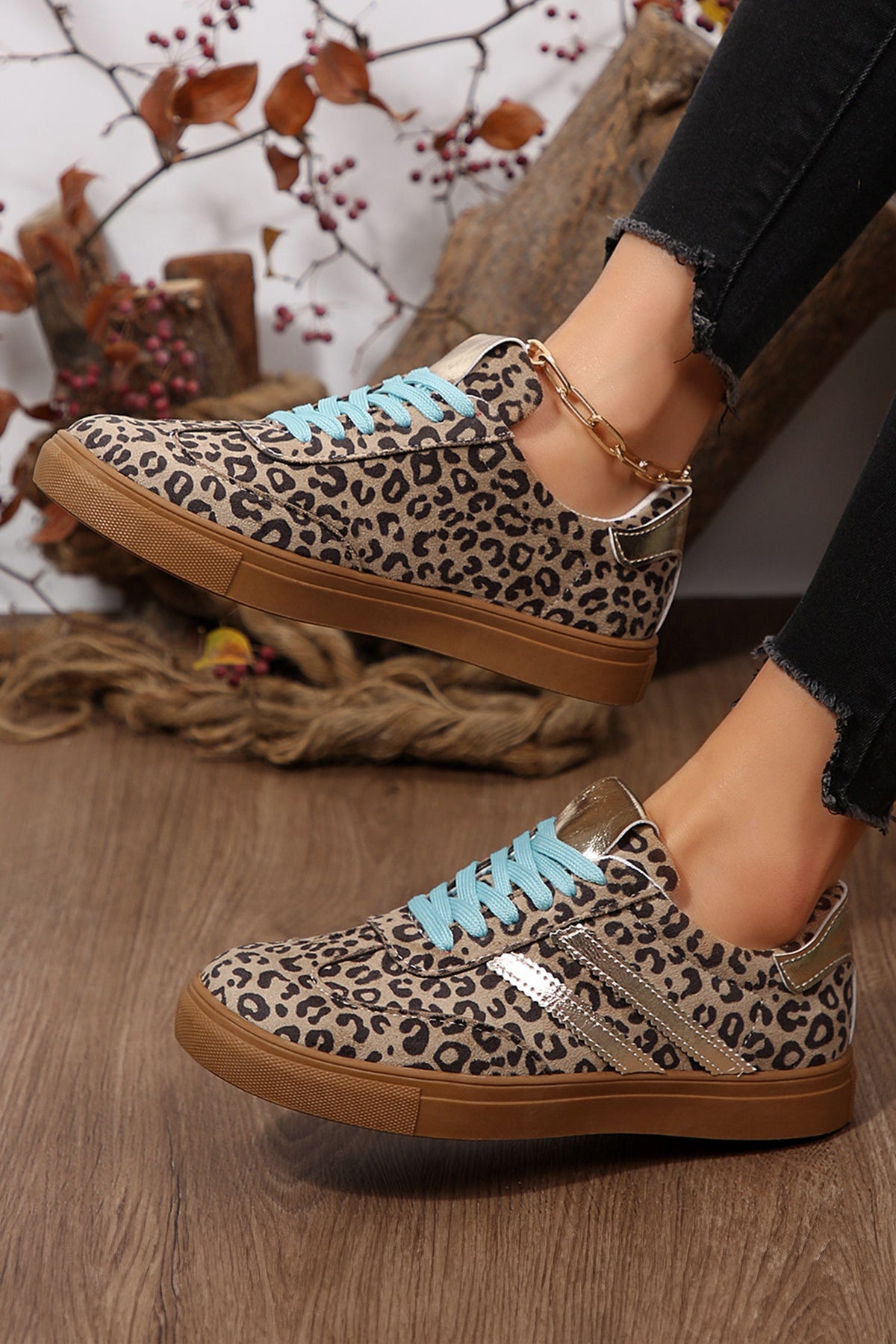 Coffee Leopard Print Faux Suede Lace-Up Sneakers
