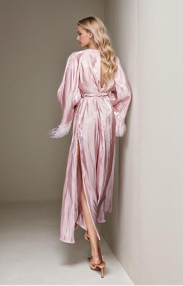 Luxury Feather-Trimmed Satin Robe – Elegant Full-Length Lounge & Bridal Wear