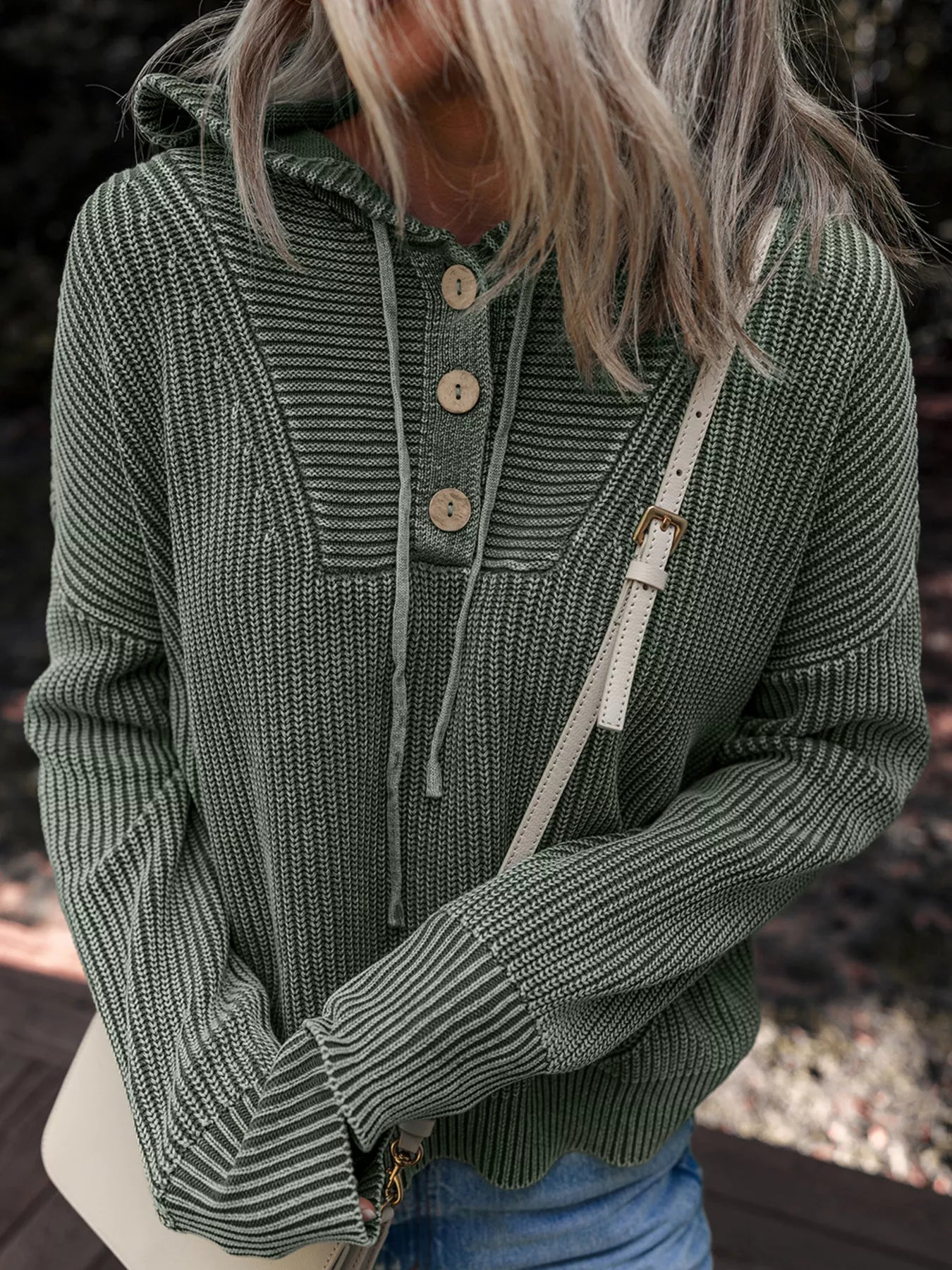 Mineral Wash Ribbed Knit Button Drawstring Neck Hooded Sweater