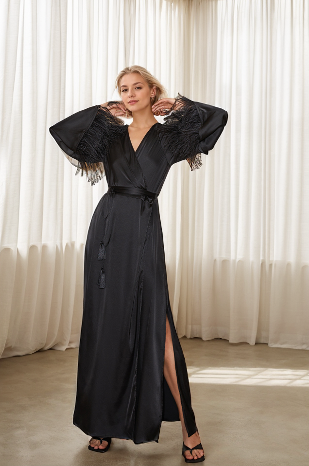 Luxury Feather-Trimmed Satin Robe – Elegant Full-Length Lounge & Bridal Wear