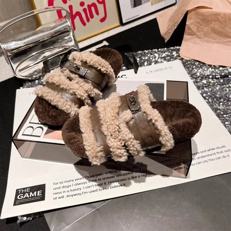 Fuzzy Buckle Accent Plush Slippers