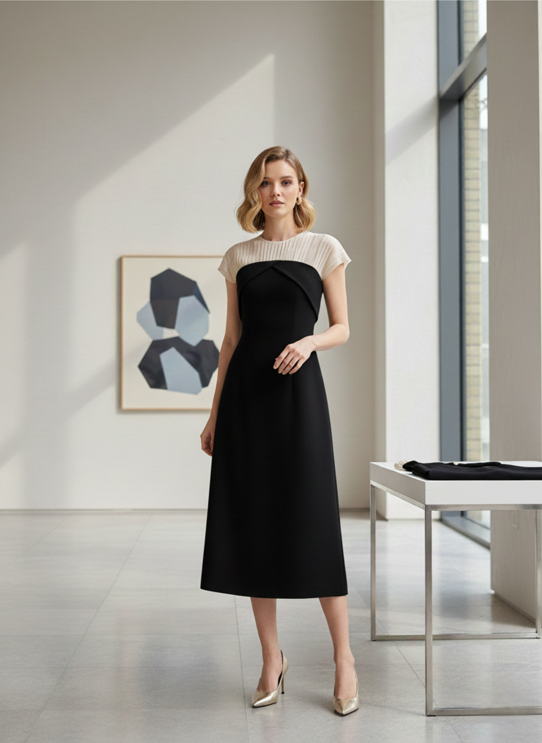 Pleated Organza Neckline Midi Dress