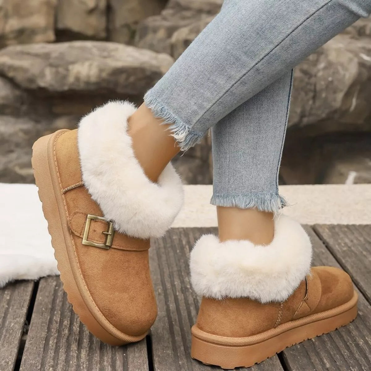 Fuzzy Trim Buckle Accent Winter Boots
