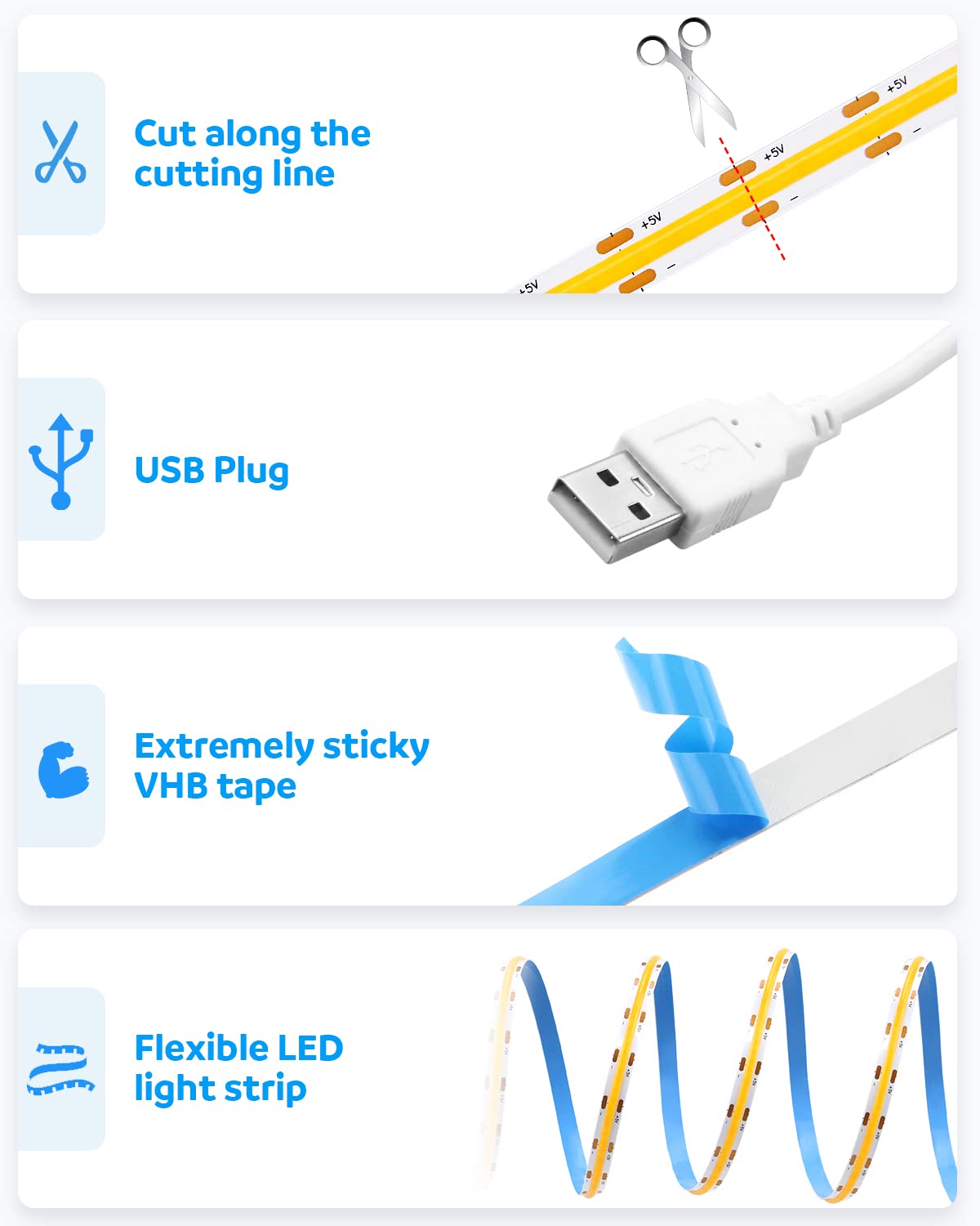 Cob Led Strip Lights Warm White Led Tv Backlight 5V 1M 3.28Ft 320Leds 3000K Cri8