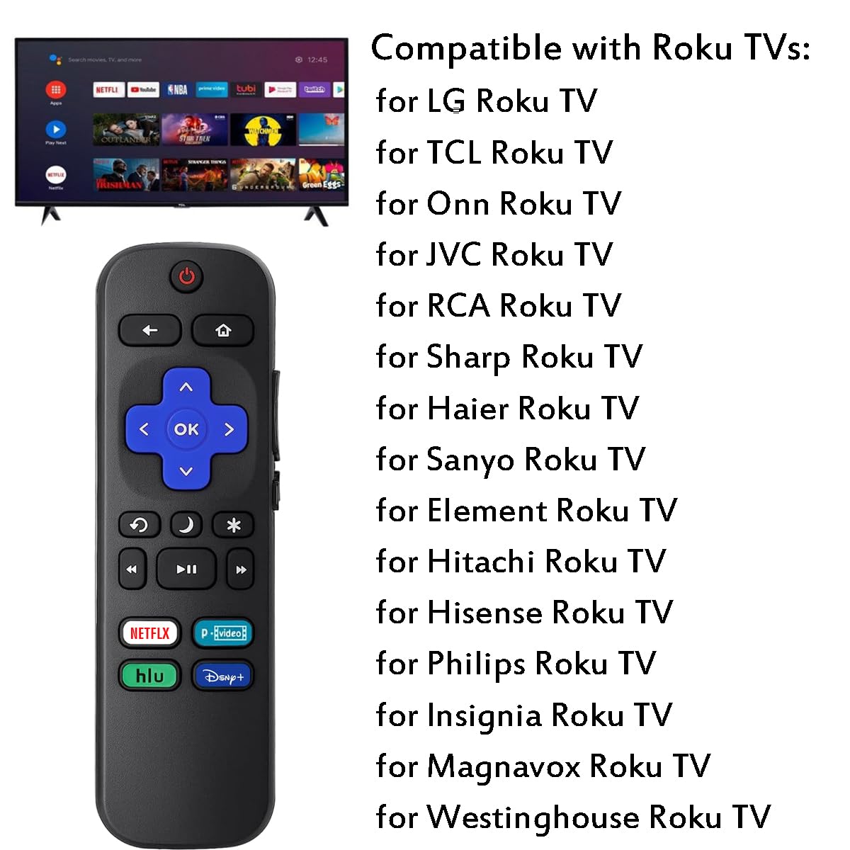 Remote Control Compatible For Roku Tv, Universal Remote Fit For Hisense/Onn/Tcl/