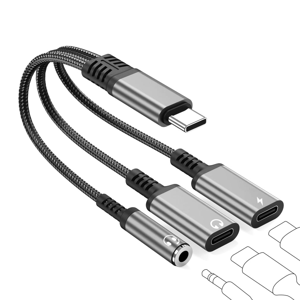 To 3.5Mm Headphone And Charger Adapter, 3 In 1 Dual Type C Aux Splitter Charger