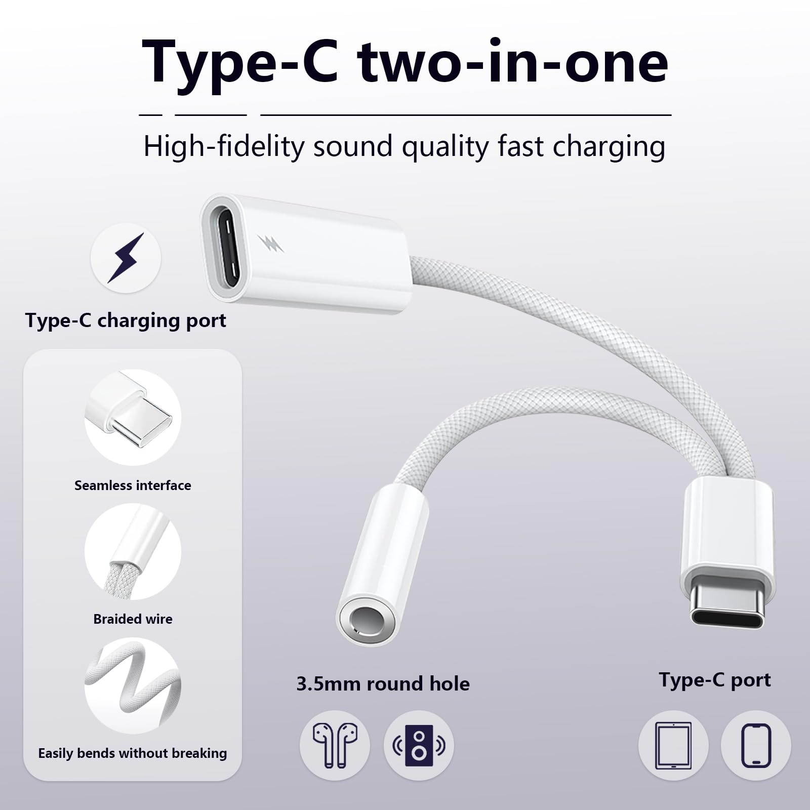 To 3.5Mm Headphone And Charger Adapter, 2-In-1 Usb Type C To Aux Jack Dongle Cab