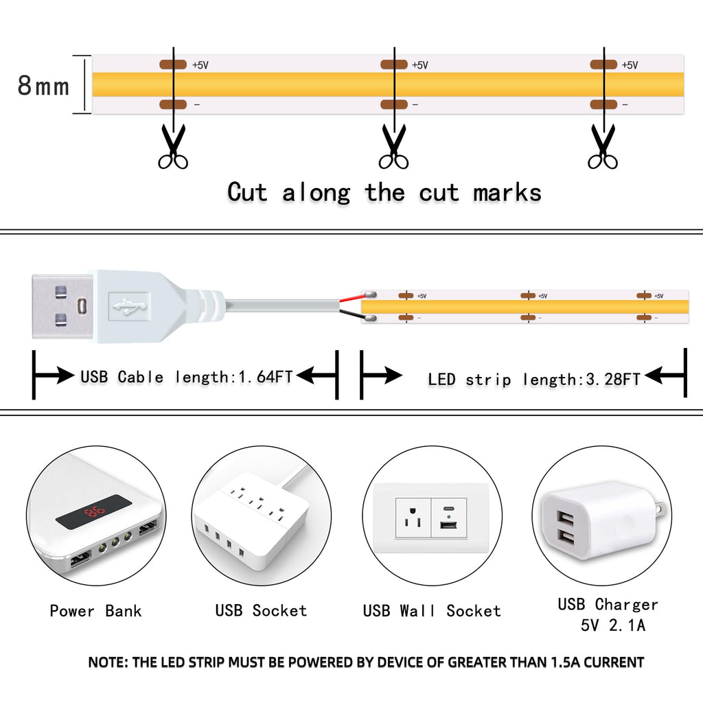 Strip Lights, 5V Usb Led Lighting Cob Short Led Strip Light White Flexible Not D