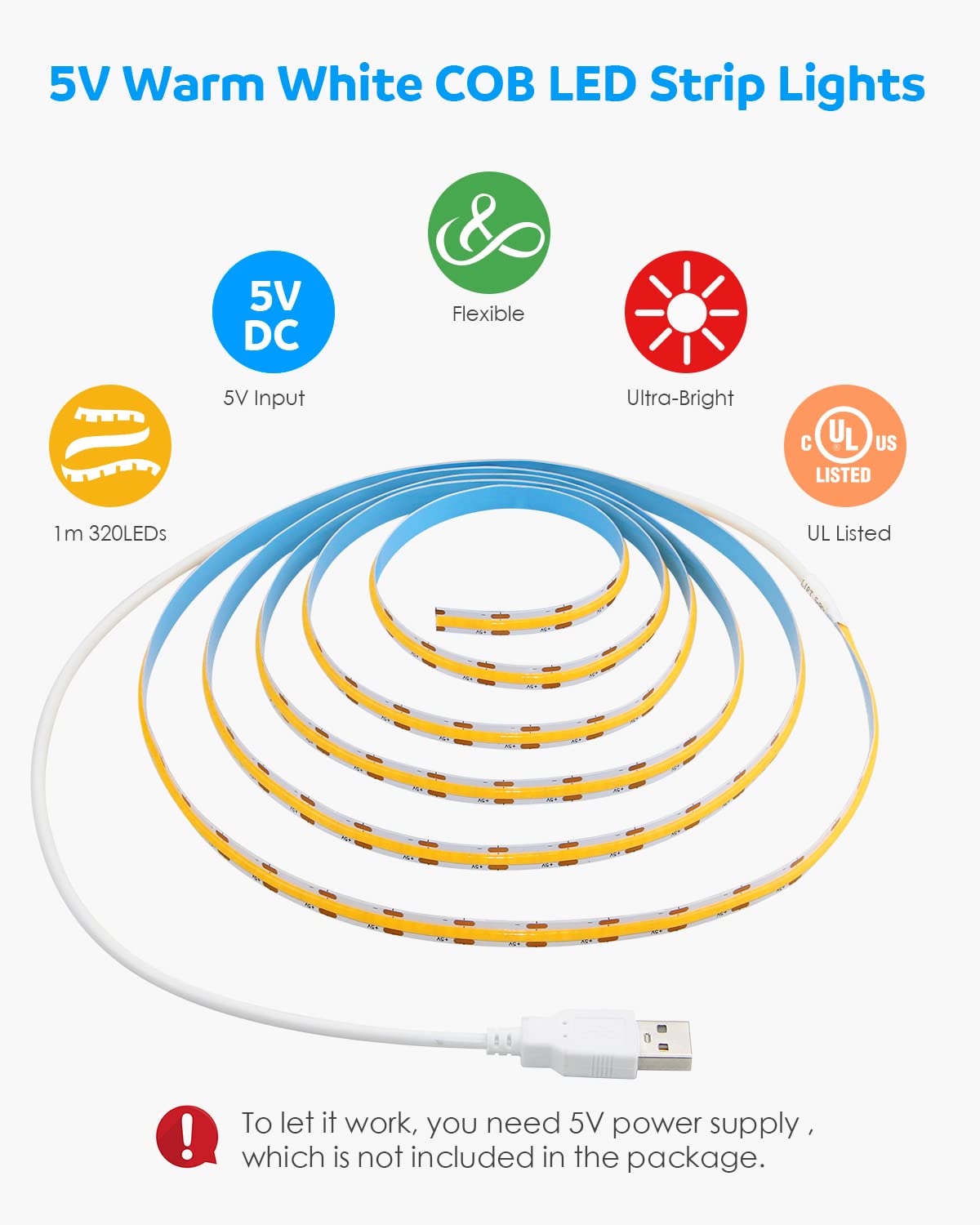 Cob Led Strip Lights Warm White Led Tv Backlight 5V 1M 3.28Ft 320Leds 3000K Cri8