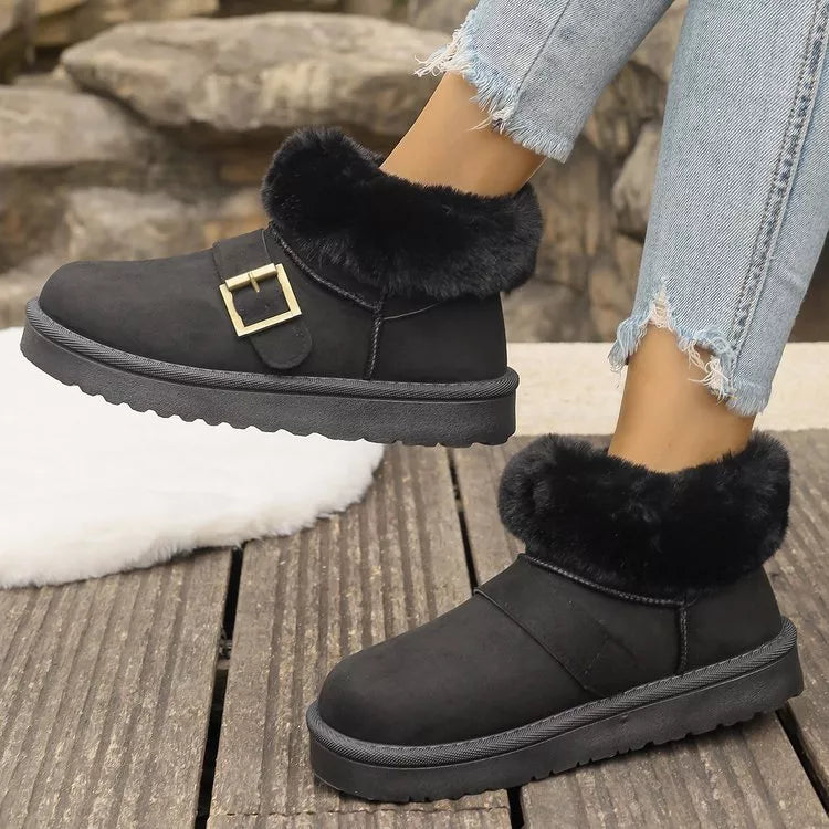 Fuzzy Trim Buckle Accent Winter Boots