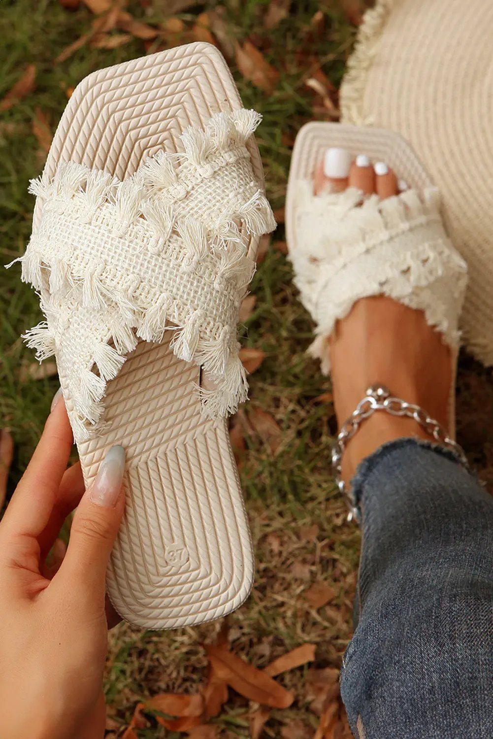 Women's Slippers - Woven Tassel Detail - Bohemian Flats