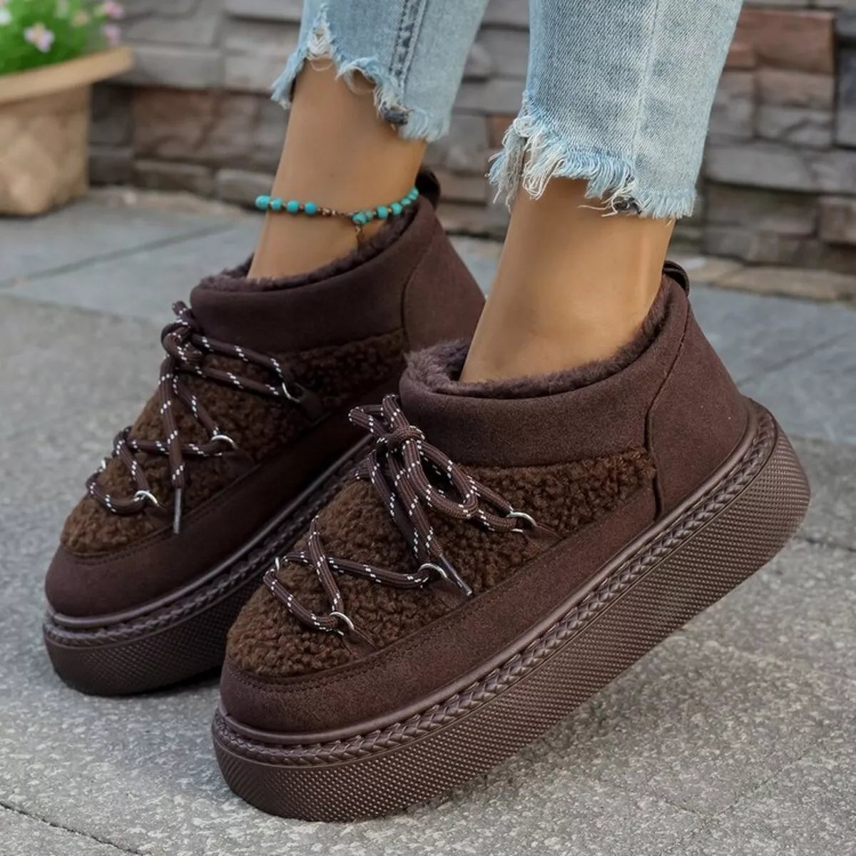 Cozy Plush Lined Lace-Up Platform Winter Boots