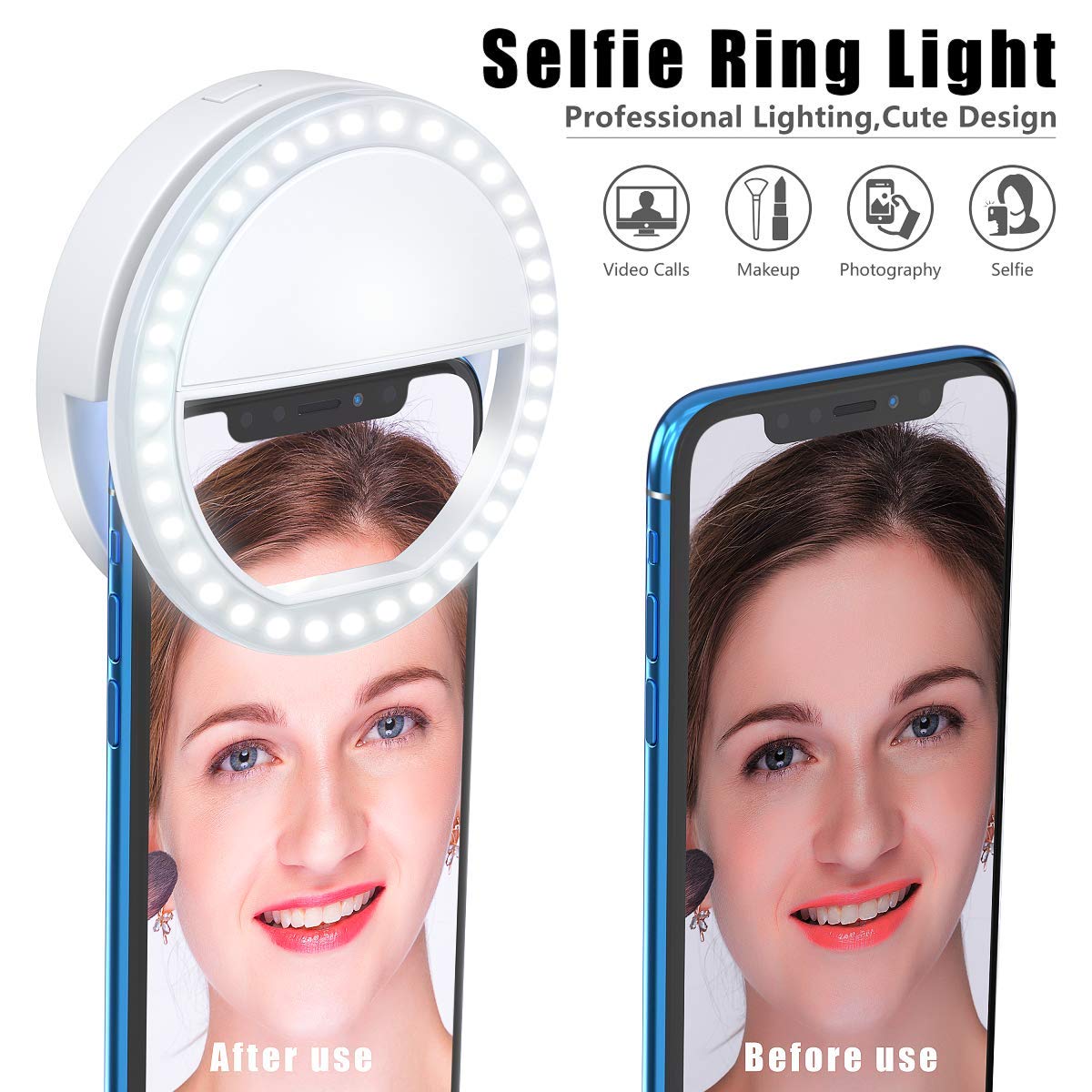 Ring Light, [Rechargeable] With 36 Led Lights, 3-Level Adjustable Brightness Cli
