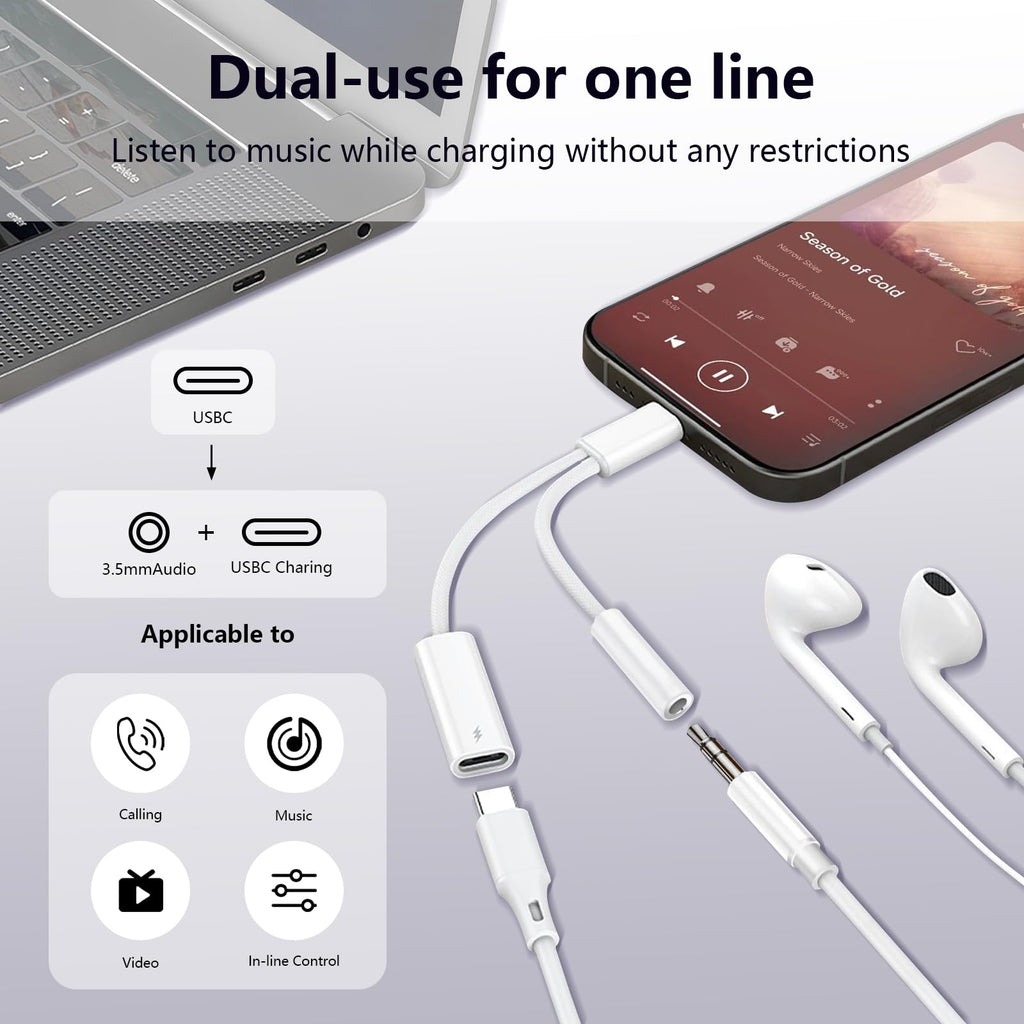 To 3.5Mm Headphone And Charger Adapter, 2-In-1 Usb Type C To Aux Jack Dongle Cab