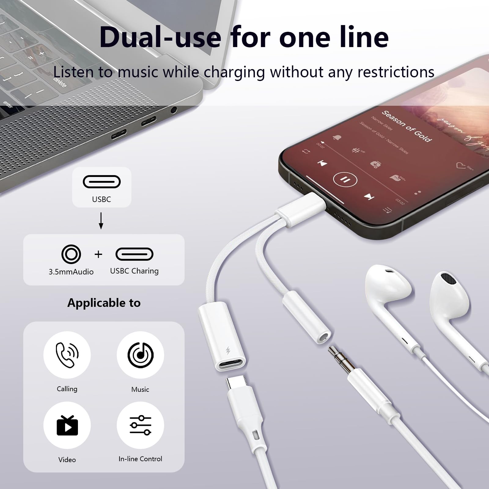 To 3.5Mm Headphone And Charger Adapter, 2-In-1 Usb Type C To Aux Jack Dongle Cab