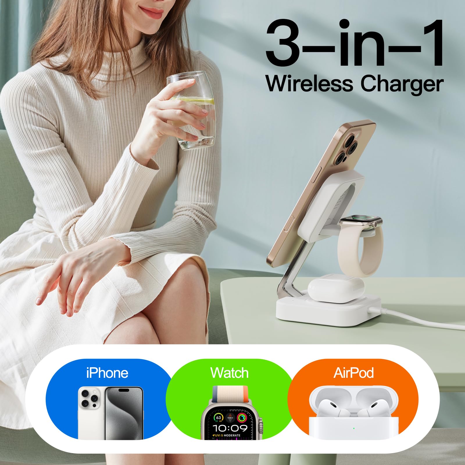 Traveling Wireless Mag-Safe Fast Charging Station,Magnetic 3 In 1 Charger With I