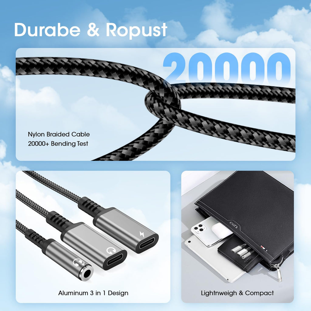 To 3.5Mm Headphone And Charger Adapter, 3 In 1 Dual Type C Aux Splitter Charger