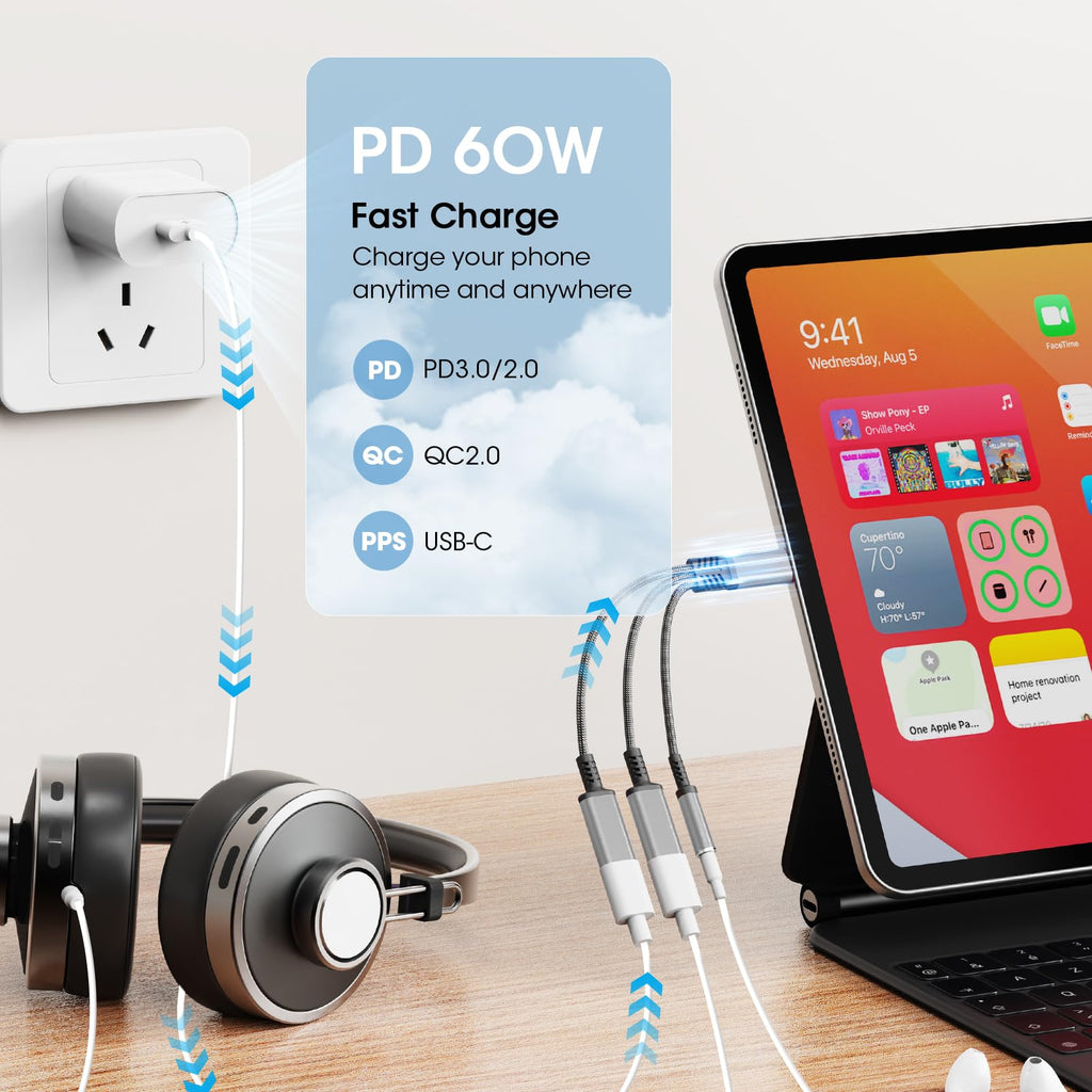 To 3.5Mm Headphone And Charger Adapter, 3 In 1 Dual Type C Aux Splitter Charger