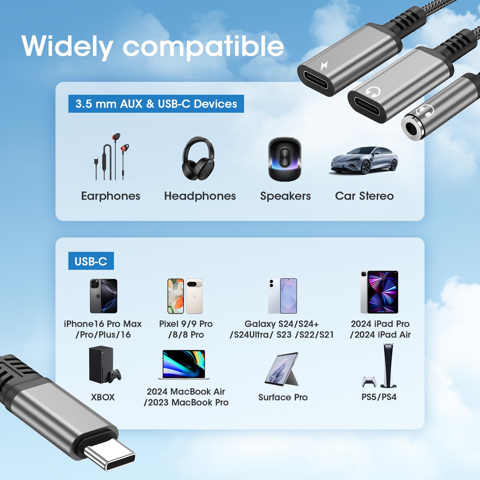 To 3.5Mm Headphone And Charger Adapter, 3 In 1 Dual Type C Aux Splitter Charger