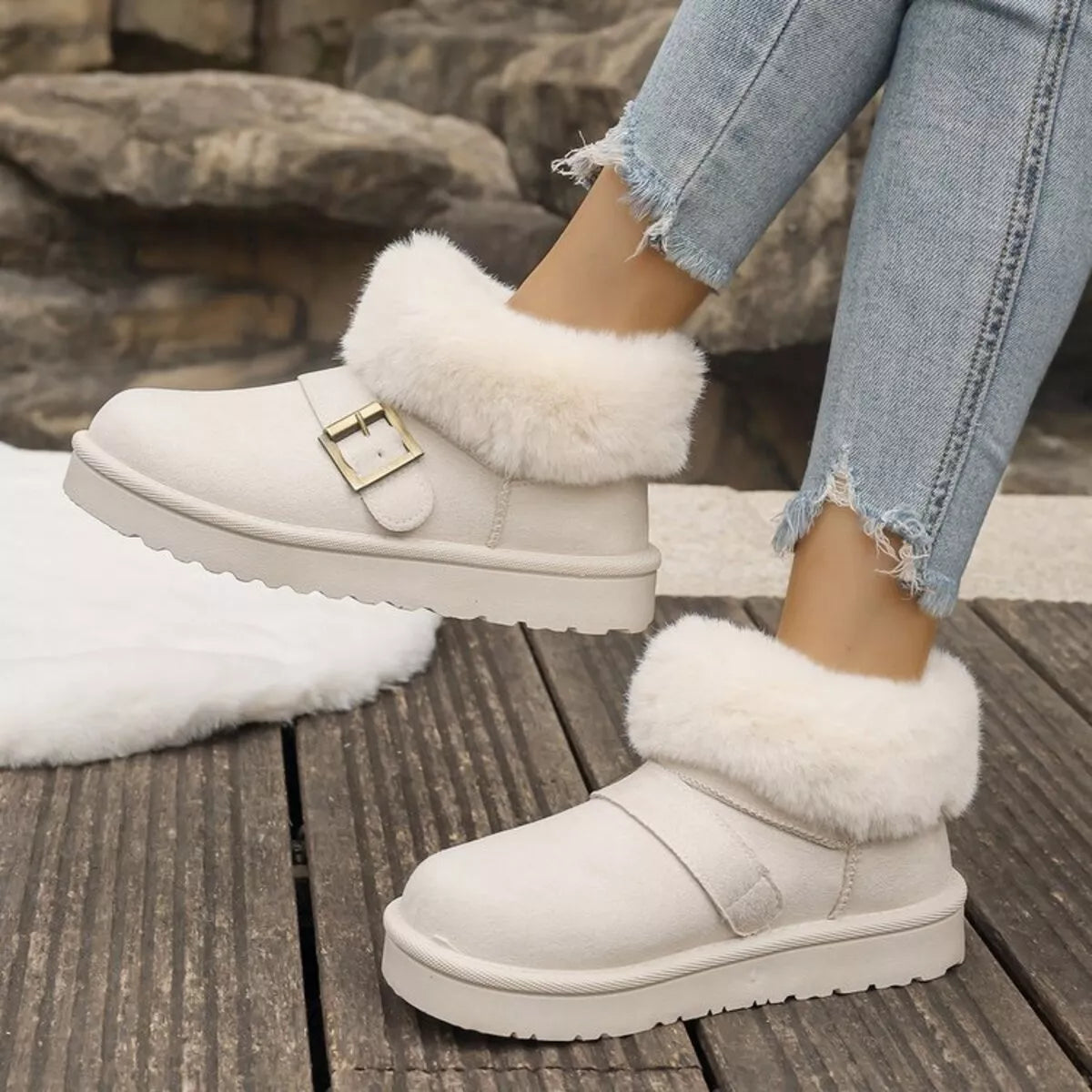 Fuzzy Trim Buckle Accent Winter Boots