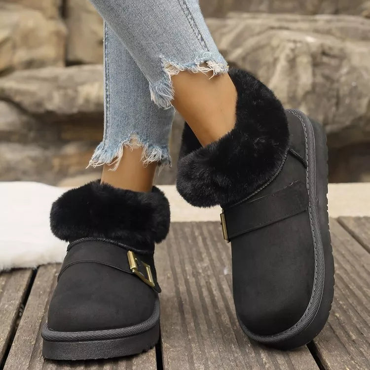 Fuzzy Trim Buckle Accent Winter Boots
