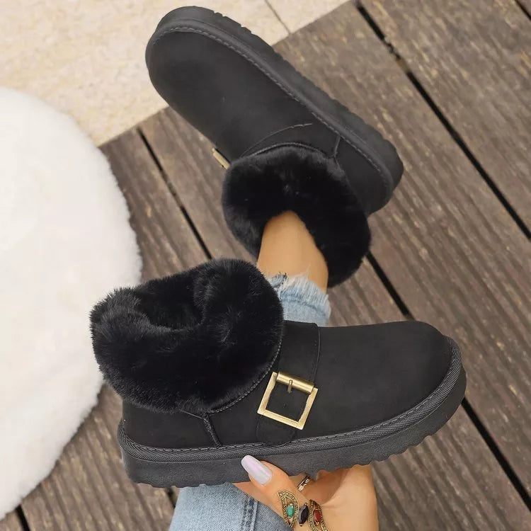 Fuzzy Trim Buckle Accent Winter Boots