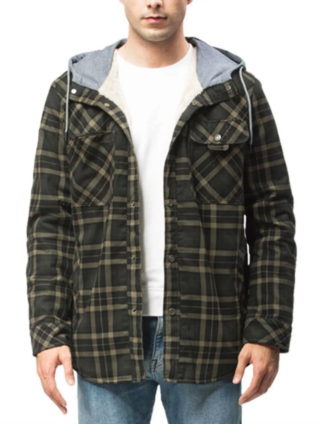Men's Snap Down Plaid Flannel Hooded Jacket