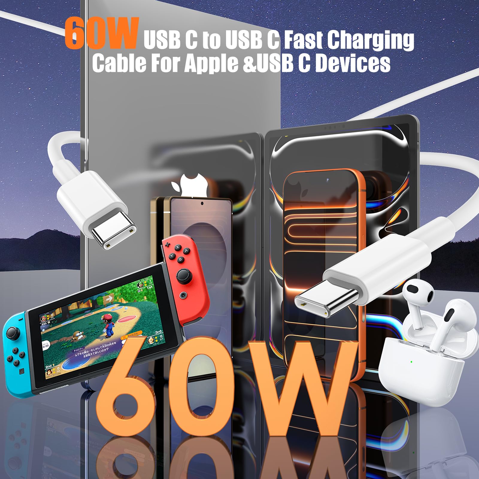 [3.3Ft+6.6Ft+10Ft] 60W Usb C To Usb C Cable, Type C To Type C Cable,Fast Chargin