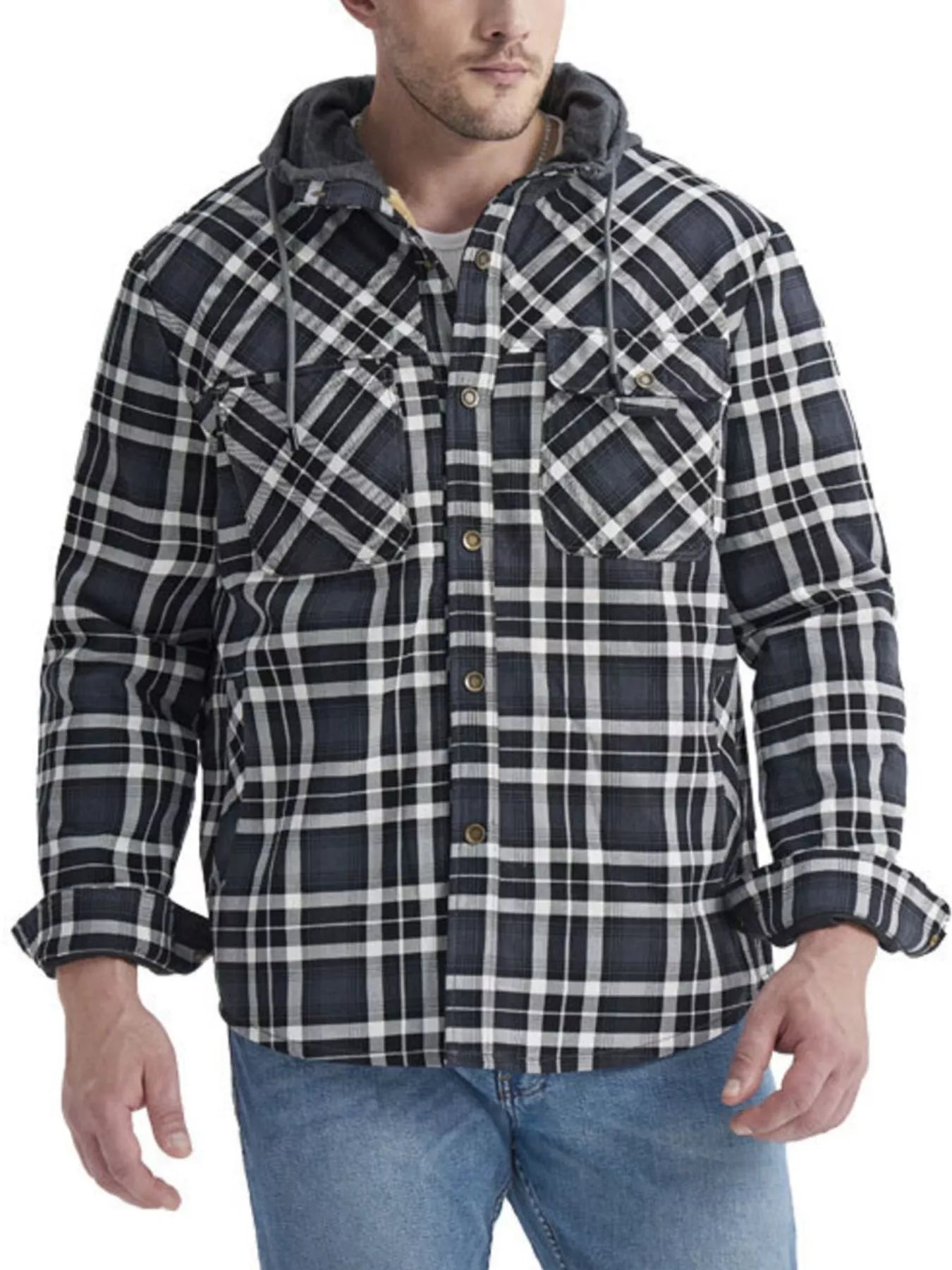 Men's Snap Down Plaid Flannel Hooded Jacket
